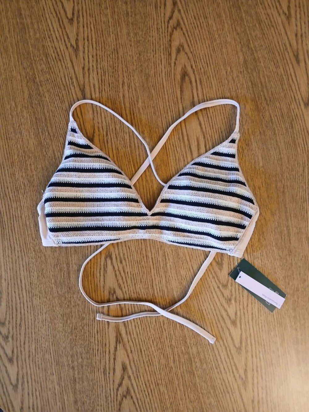Wild Fable M Bikini Top NWT Knit Stripe Brown Beige Cross Back Swimsuit Crochet